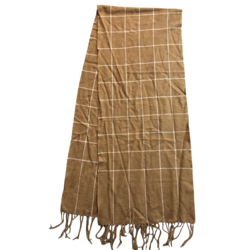 Chelsey II Wool Scarf Camel Brown White Windowpane Plaid Fringe Made in Germany